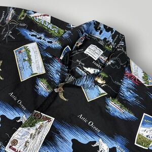 David Carey Shirt Mens XL Black Alaska Map Hawaiian Button Front Short Sleeve